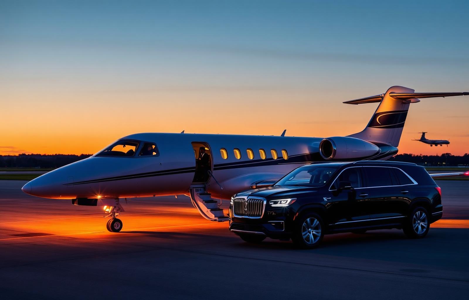 Private jet at Teterboro FBO with luxury SUV and chauffeur at dusk
